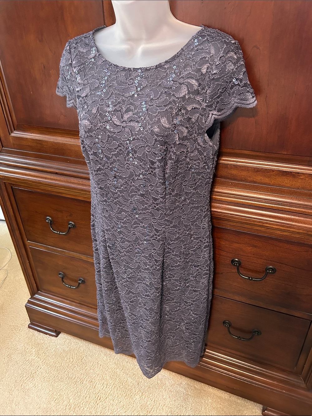 Alex Evenings Lace Sequin Cap-Sleeve Dress in Gray/Blue